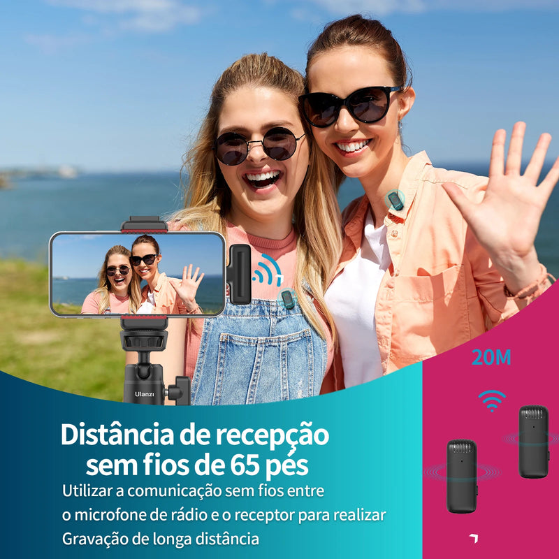 Ulanzi J12 Microfone Lavalier Sem Fio – Mini Mic Plug & Play para iPhone e Android | Gravação de Áudio e Vídeo, Lives e Vlogs