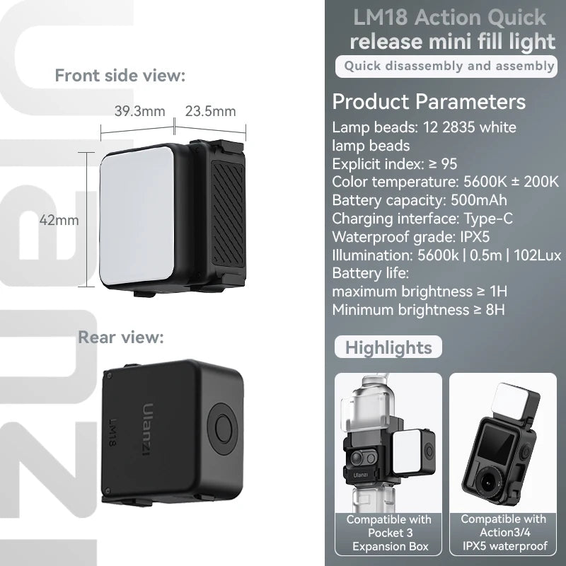 Mini Luz LED Ulanzi LM18 – Iluminação 5600K, Magnética, Resistente à Água, Perfeita para DJI Osmo Action e Pocket 3