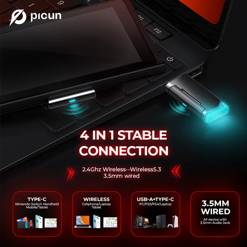 Headset Gamer Picun G2 Wireless 2.4G + Bluetooth 5.3 | Som 7.1 Surround | Microfone com Cancelamento de Ruído | Ultra Baixa Latência 5ms | 100h Bateria
