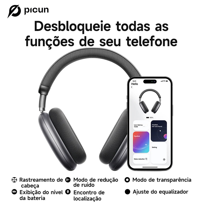 Picun F8 Pro – Headphones Bluetooth Wireless HiFi com ANC -52dB, Áudio 3D Espacial, Head Tracking, Microfone HD e Latência Ultra-Baixa.
