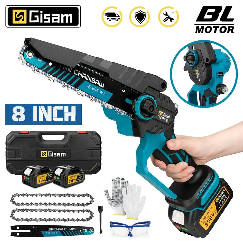 Mini Motosserra Elétrica Gisam 8" Brushless – Sem Fio, Portátil, Para Poda, Jardinagem e Madeira | Compatível com Baterias Makita 18V
