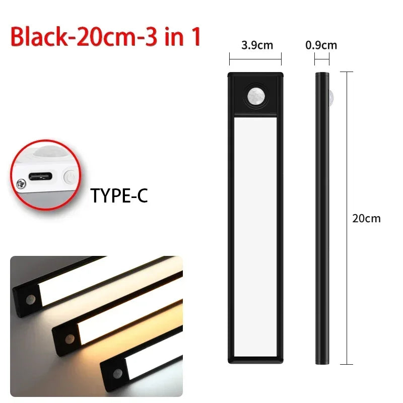 Luminária LED com Sensor de Movimento – USB Recarregável, Sem Fios, 3 Cores de Luz | Ideal para Armários, Cozinha, Quarto e Corredor