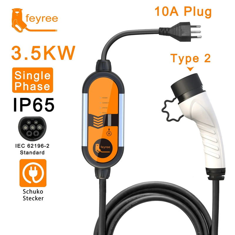 Carregador Portátil para Carro Elétrico Feyree – EVSE Type 2 | 7kW 32A Monofásico / 11kW 16A Trifásico | Alta Segurança IP65, Ajuste de Corrente, Compatível com Vários Modelos