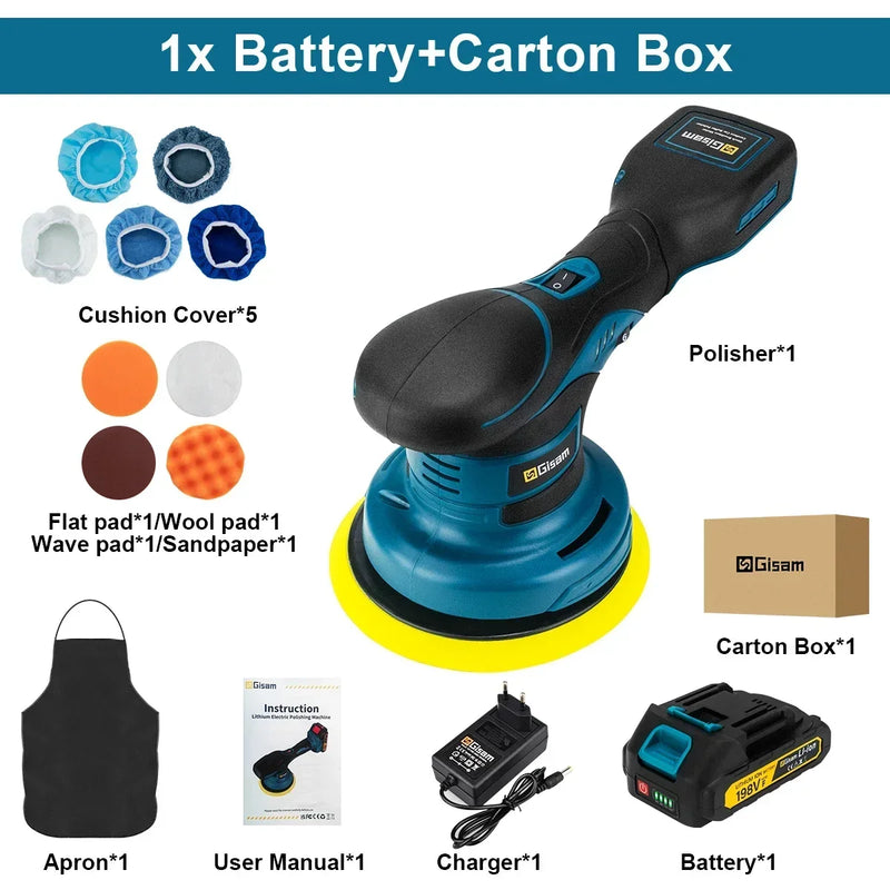 Gisam Politriz Elétrica Sem Fio 7000RPM – 6 Níveis, Motor Brushless, Compatível com Baterias Makita, Ideal para Carros e DIY