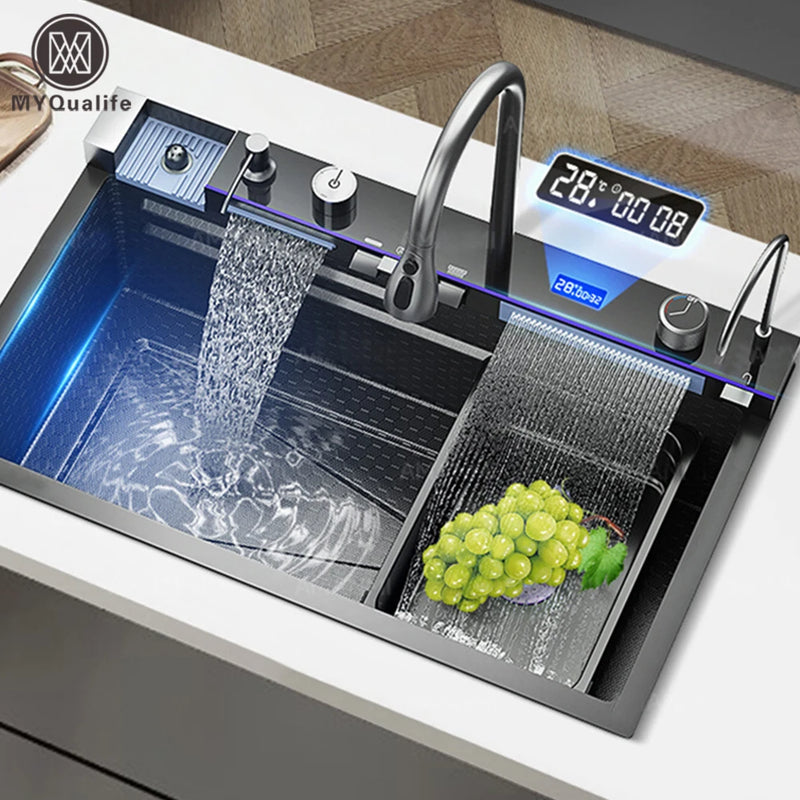 Pia de Cozinha em Aço Inox 304 – Design Waterfall, Cuba Única, Display Digital Integrado, Torneira Premium, Dispenser de Sabão e Lava-Copos