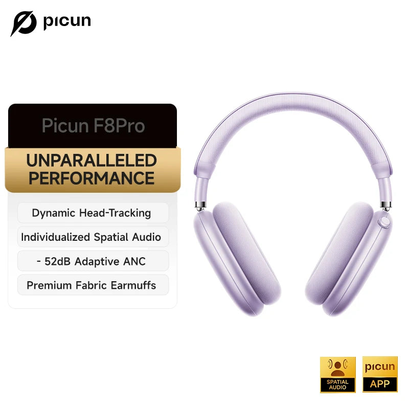 Picun F8 Pro – Headphones Bluetooth Wireless HiFi com ANC -52dB, Áudio 3D Espacial, Head Tracking, Microfone HD e Latência Ultra-Baixa.