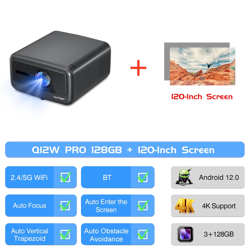 Projetor Smart TouYinger Q12W PRO – 2800 ANSI Lumens | Full HD 4K | Wi-Fi Dual Screen + Bluetooth