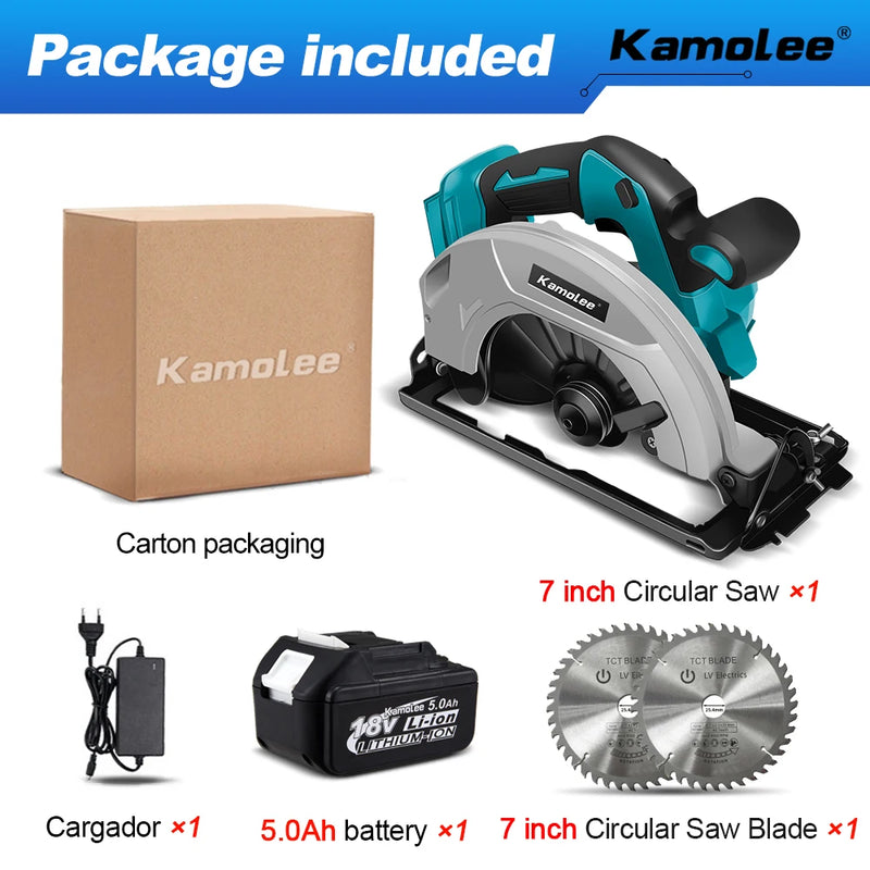 Kamolee Serra Circular Elétrica 7" – Potente, Portátil e Segura para DIY e Marcenaria | Compatível com Baterias 18V/21V