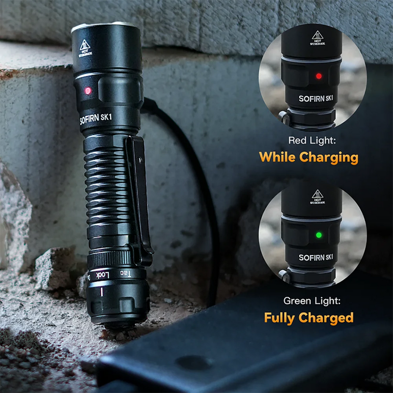 Sofirn SK1 Lanterna Tática Recarregável 1300LM | Alcance 479m | LED SFT25R | Spotlight EDC com Interruptor Traseiro e Rotativo