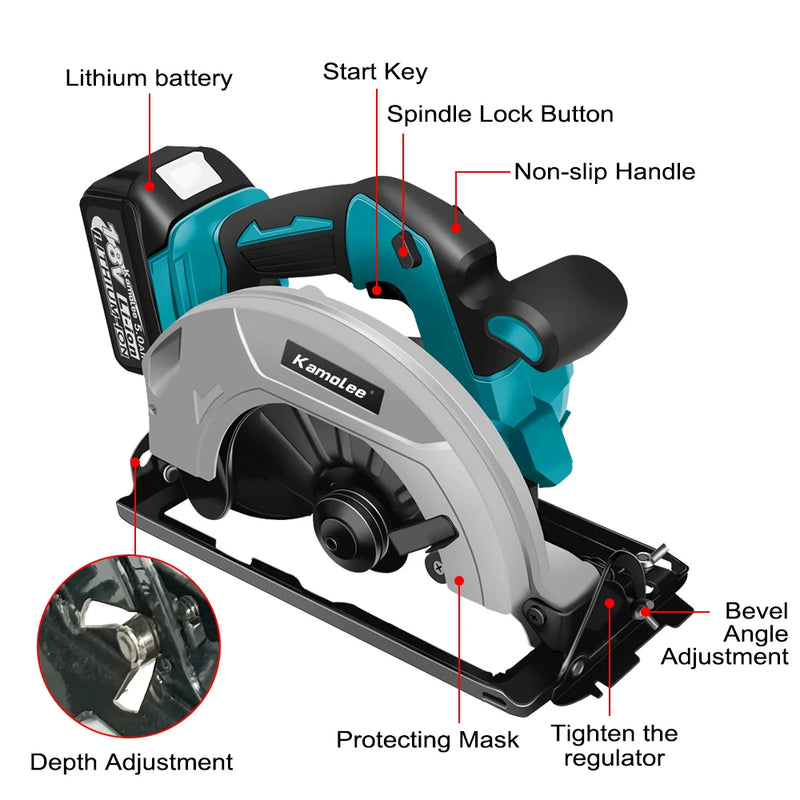 Kamolee Serra Circular Elétrica 7" – Potente, Portátil e Segura para DIY e Marcenaria | Compatível com Baterias 18V/21V