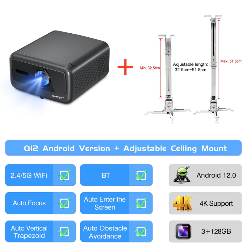 Projetor Smart TouYinger Q12W PRO – 2800 ANSI Lumens | Full HD 4K | Wi-Fi Dual Screen + Bluetooth
