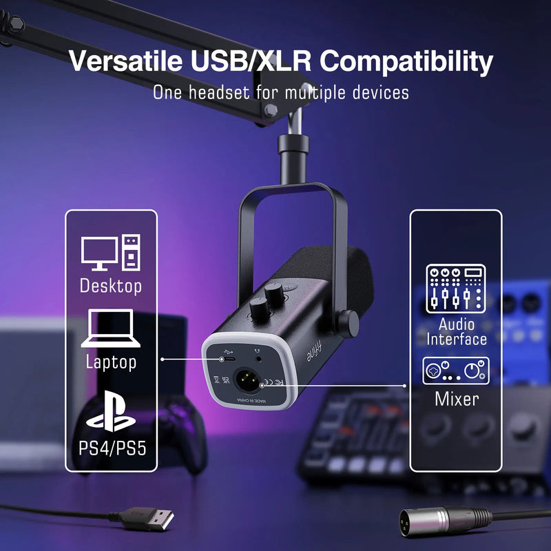 FIFINE AM8T – Microfone Dinâmico USB/XLR com Boom Arm, RGB e Controles de Áudio para PC, PS4/5 e Streaming
