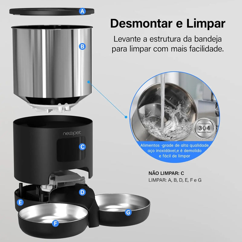 Alimentador Automático Smart Newpet 5L | Programável, Controle por APP, Tigela Inox, Ideal para Cães e Gatos