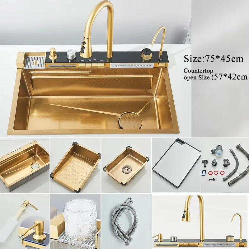 Pia de Cozinha em Aço Inox 304 – Design Waterfall, Cuba Única, Display Digital Integrado, Torneira Premium, Dispenser de Sabão e Lava-Copos