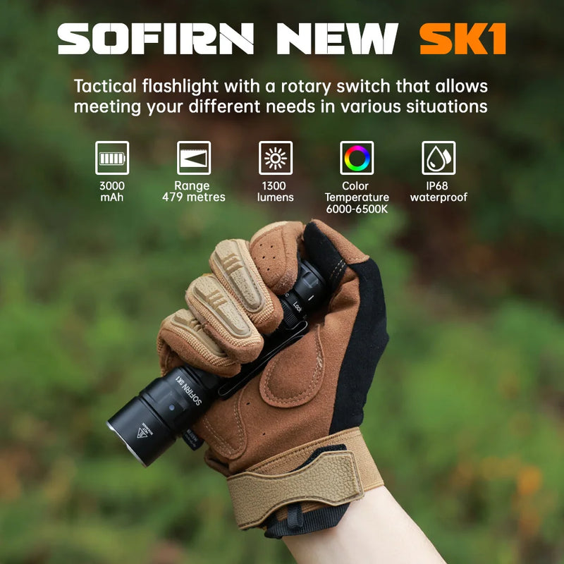 Sofirn SK1 Lanterna Tática Recarregável 1300LM | Alcance 479m | LED SFT25R | Spotlight EDC com Interruptor Traseiro e Rotativo
