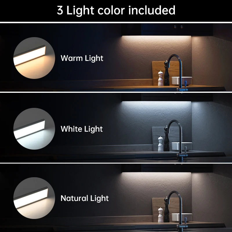 Luminária LED com Sensor de Movimento – USB Recarregável, Sem Fios, 3 Cores de Luz | Ideal para Armários, Cozinha, Quarto e Corredor