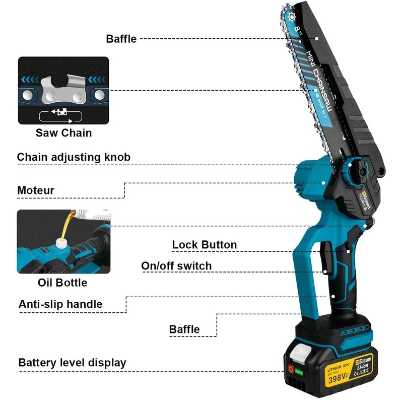 Mini Motosserra Elétrica Gisam 8" Brushless – Sem Fio, Portátil, Para Poda, Jardinagem e Madeira | Compatível com Baterias Makita 18V