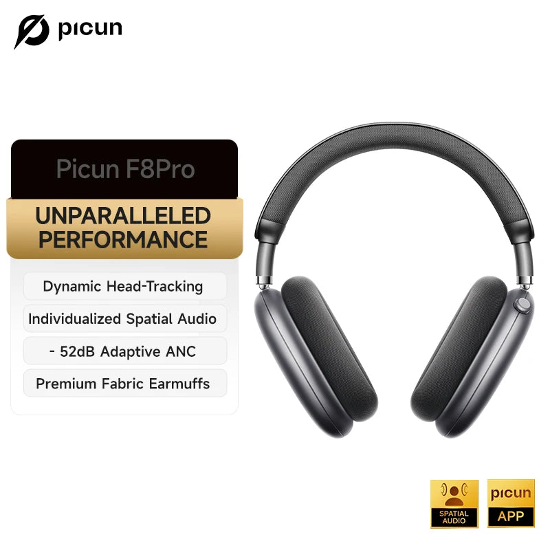 Picun F8 Pro – Headphones Bluetooth Wireless HiFi com ANC -52dB, Áudio 3D Espacial, Head Tracking, Microfone HD e Latência Ultra-Baixa.