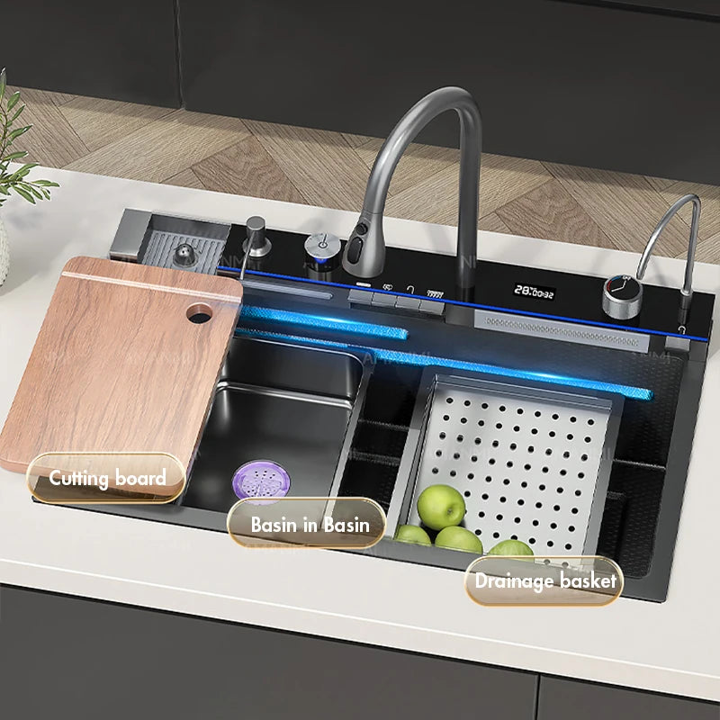Pia de Cozinha em Aço Inox 304 – Design Waterfall, Cuba Única, Display Digital Integrado, Torneira Premium, Dispenser de Sabão e Lava-Copos