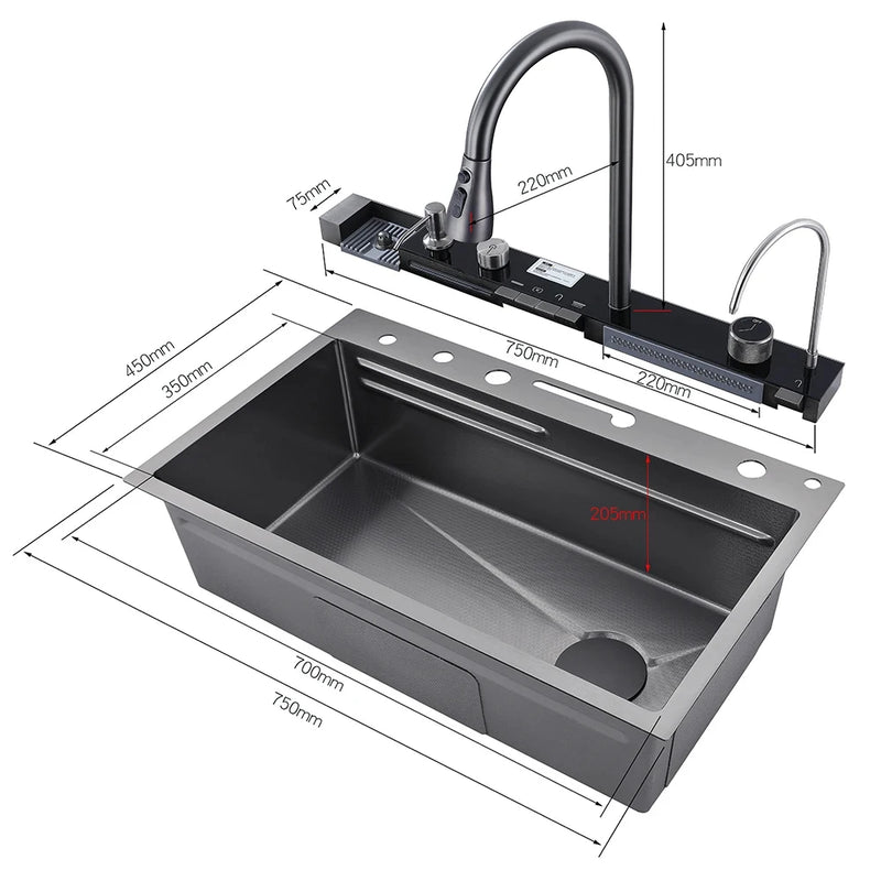 Pia de Cozinha em Aço Inox 304 – Design Waterfall, Cuba Única, Display Digital Integrado, Torneira Premium, Dispenser de Sabão e Lava-Copos