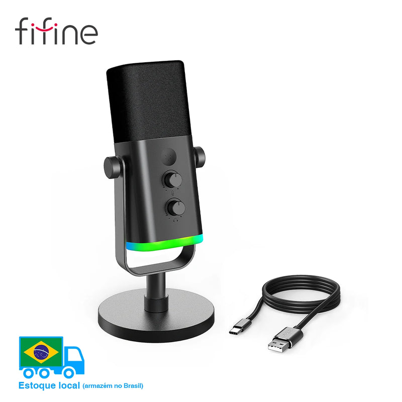 FIFINE AM8 Microfone Dinâmico USB/XLR com RGB Personalizável, Saída para Fone, Botão Mute – Ideal para Gaming, Streaming e Gravação de PC