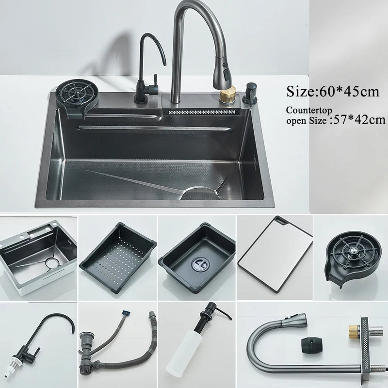 Pia de Cozinha em Aço Inox 304 – Design Waterfall, Cuba Única, Display Digital Integrado, Torneira Premium, Dispenser de Sabão e Lava-Copos