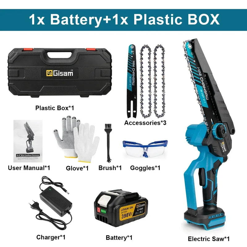 Mini Motosserra Elétrica Gisam 8" Brushless – Sem Fio, Portátil, Para Poda, Jardinagem e Madeira | Compatível com Baterias Makita 18V