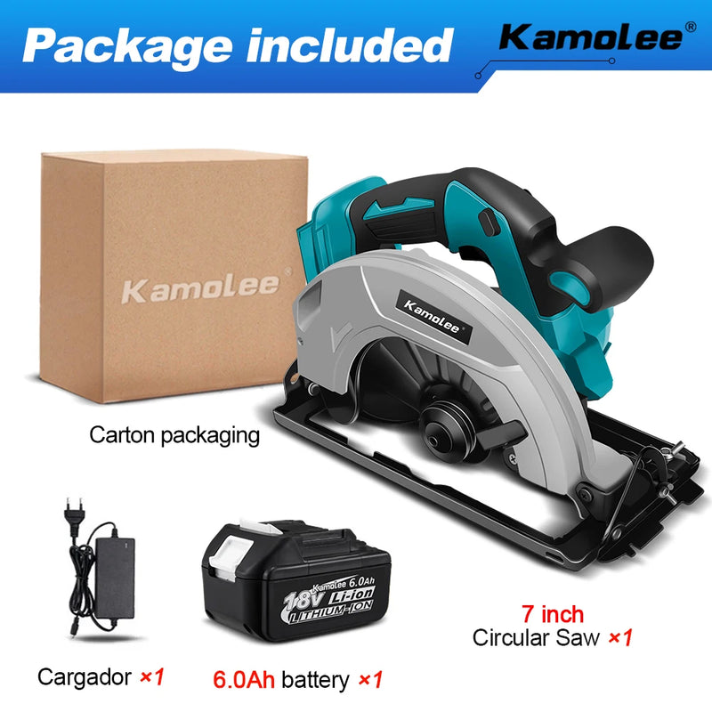 Kamolee Serra Circular Elétrica 7" – Potente, Portátil e Segura para DIY e Marcenaria | Compatível com Baterias 18V/21V