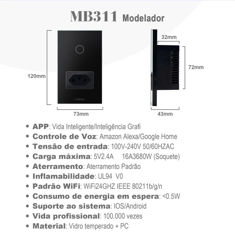 Interruptor Inteligente Wi-Fi Touch – Compatível com Alexa, Google e Tuya, Com Neutro