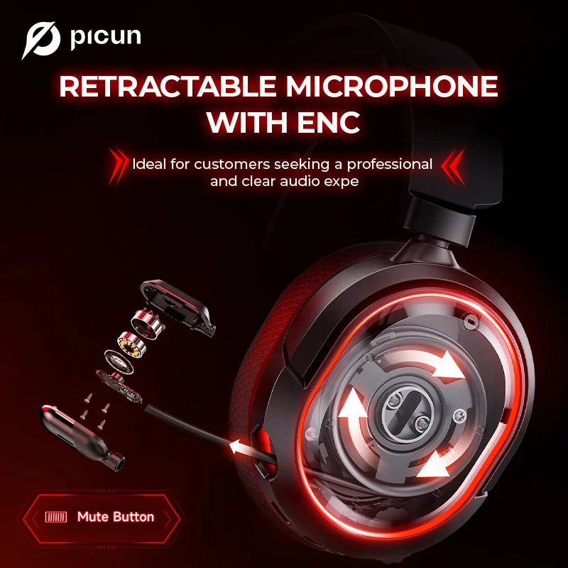 Headset Gamer Picun G2 Wireless 2.4G + Bluetooth 5.3 | Som 7.1 Surround | Microfone com Cancelamento de Ruído | Ultra Baixa Latência 5ms | 100h Bateria