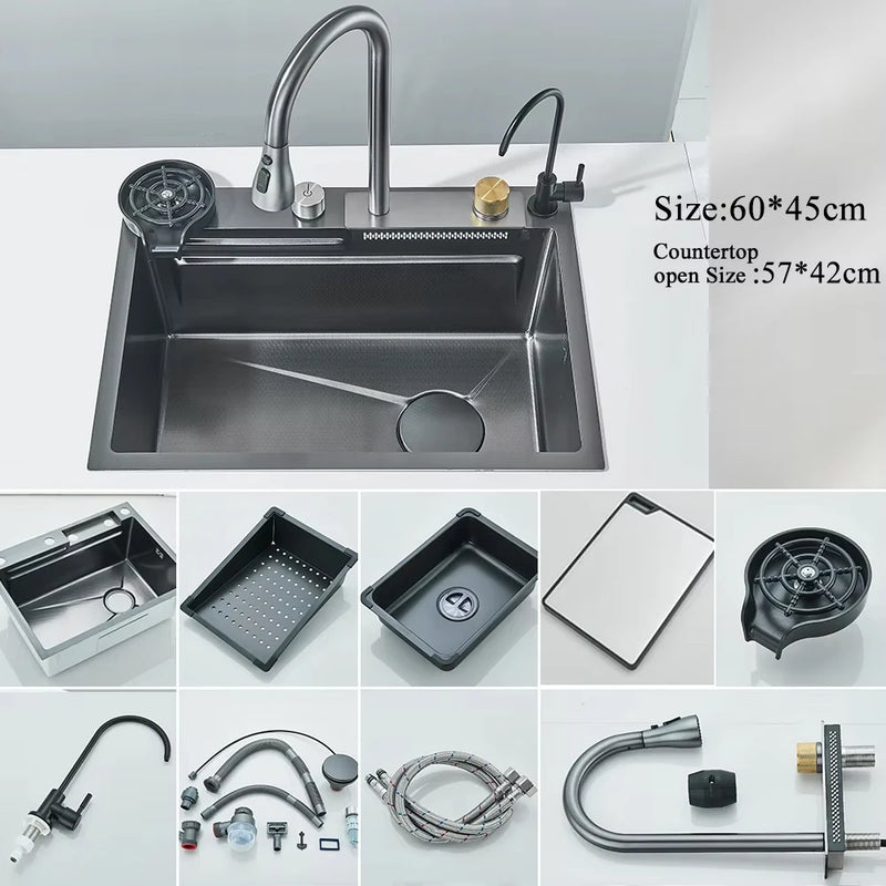 Pia de Cozinha em Aço Inox 304 – Design Waterfall, Cuba Única, Display Digital Integrado, Torneira Premium, Dispenser de Sabão e Lava-Copos