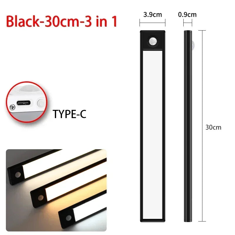 Luminária LED com Sensor de Movimento – USB Recarregável, Sem Fios, 3 Cores de Luz | Ideal para Armários, Cozinha, Quarto e Corredor