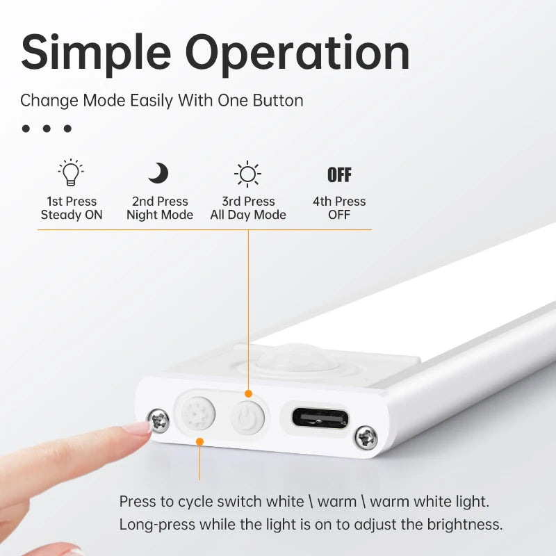 Luminária LED com Sensor de Movimento – USB Recarregável, Sem Fios, 3 Cores de Luz | Ideal para Armários, Cozinha, Quarto e Corredor