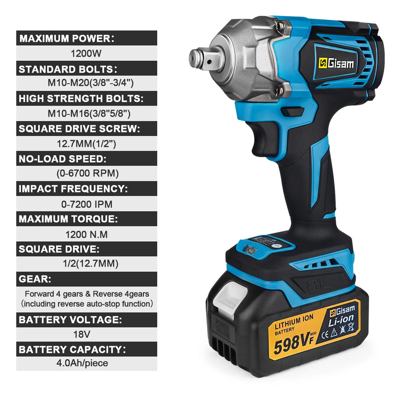 Chave de Impacto Elétrica 18V 1200N·m – Motor Brushless, Super Torque, Compatível Makita Série B