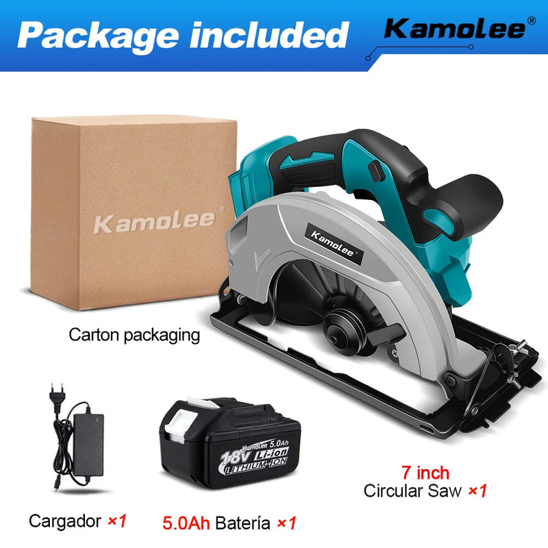 Kamolee Serra Circular Elétrica 7" – Potente, Portátil e Segura para DIY e Marcenaria | Compatível com Baterias 18V/21V