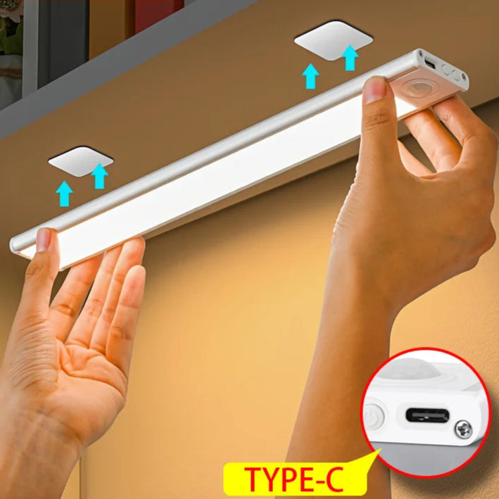 Luminária LED com Sensor de Movimento – USB Recarregável, Sem Fios, 3 Cores de Luz | Ideal para Armários, Cozinha, Quarto e Corredor