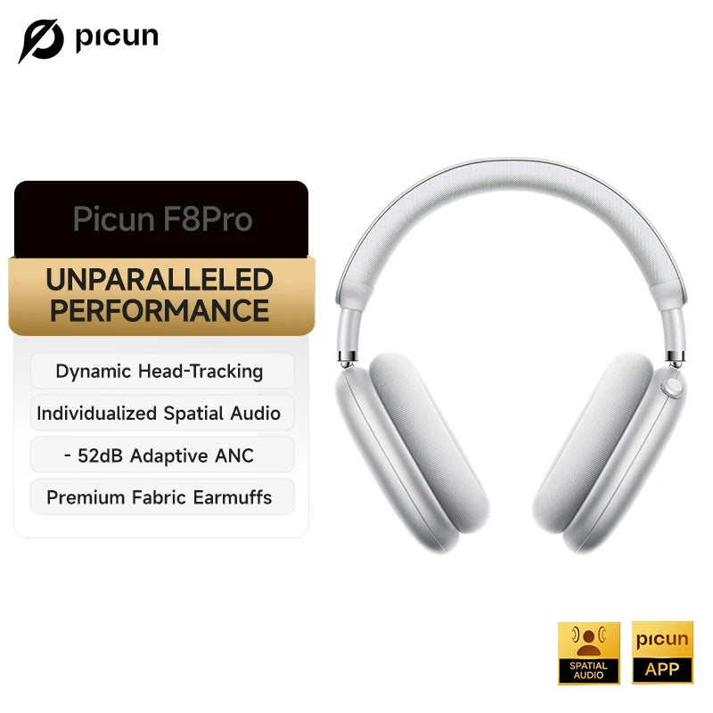 Picun F8 Pro – Headphones Bluetooth Wireless HiFi com ANC -52dB, Áudio 3D Espacial, Head Tracking, Microfone HD e Latência Ultra-Baixa.