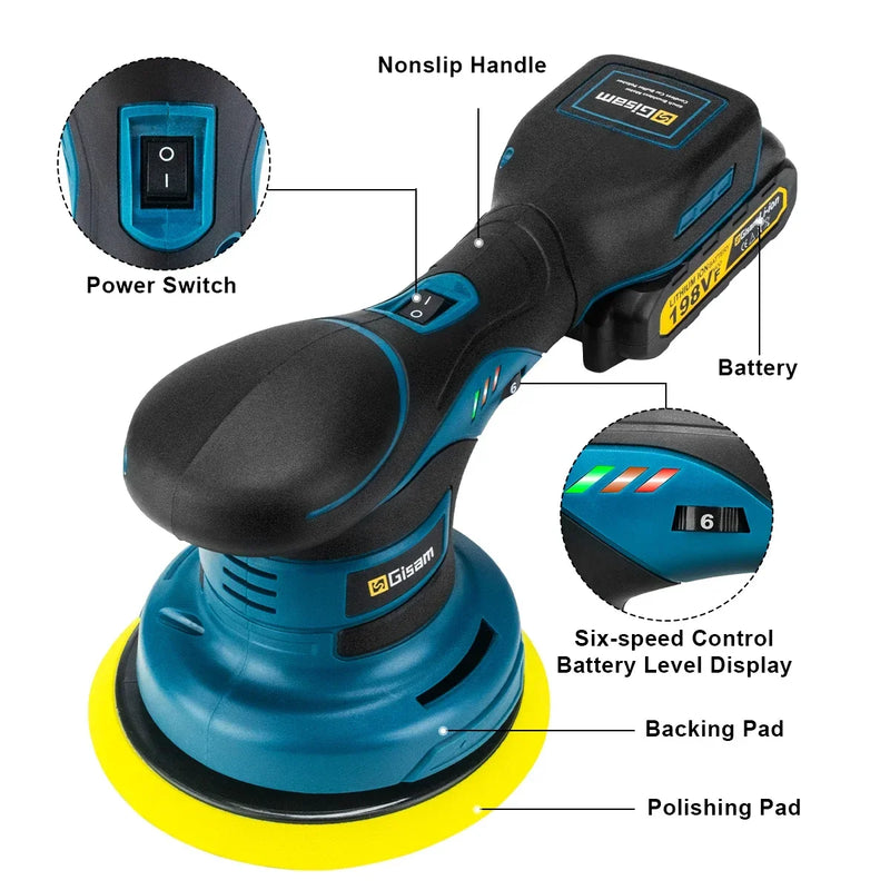 Gisam Politriz Elétrica Sem Fio 7000RPM – 6 Níveis, Motor Brushless, Compatível com Baterias Makita, Ideal para Carros e DIY