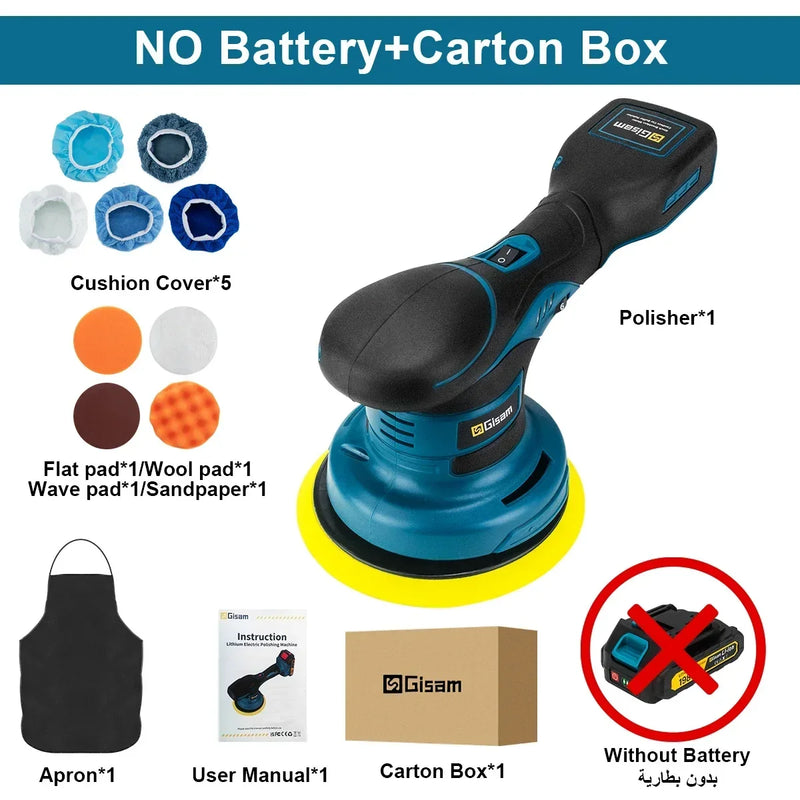 Gisam Politriz Elétrica Sem Fio 7000RPM – 6 Níveis, Motor Brushless, Compatível com Baterias Makita, Ideal para Carros e DIY