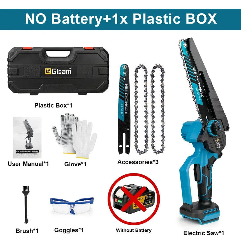 Mini Motosserra Elétrica Gisam 8" Brushless – Sem Fio, Portátil, Para Poda, Jardinagem e Madeira | Compatível com Baterias Makita 18V