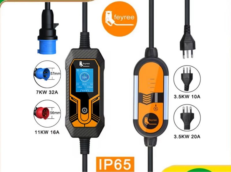 Carregador Portátil para Carro Elétrico Feyree – EVSE Type 2 | 7kW 32A Monofásico / 11kW 16A Trifásico | Alta Segurança IP65, Ajuste de Corrente, Compatível com Vários Modelos