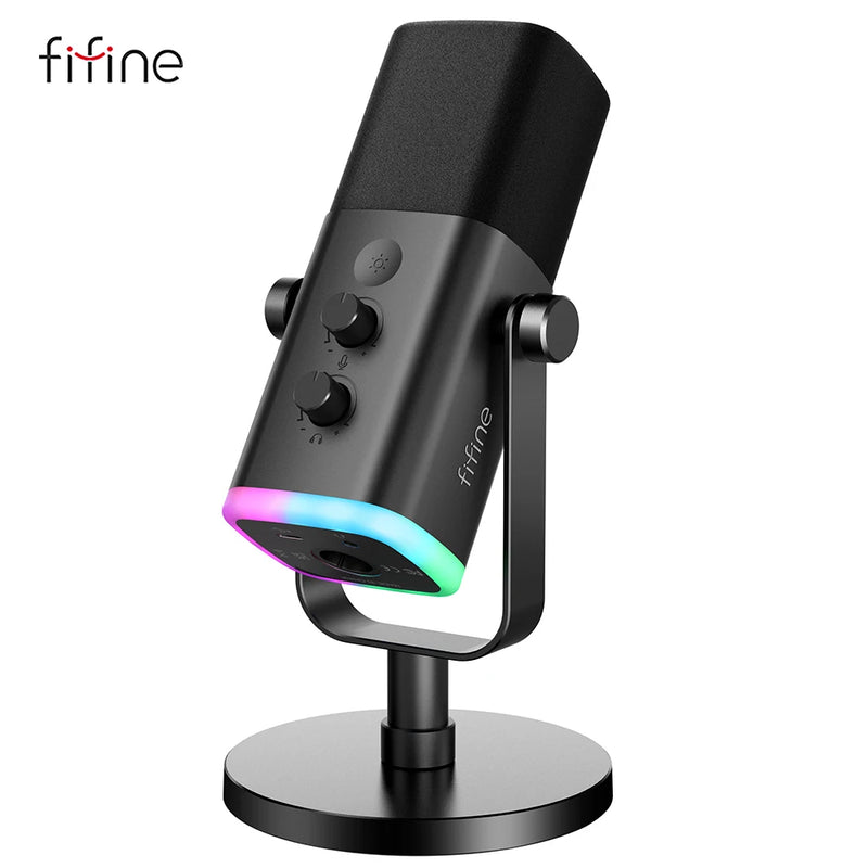 FIFINE AM8 Microfone Dinâmico USB/XLR com RGB Personalizável, Saída para Fone, Botão Mute – Ideal para Gaming, Streaming e Gravação de PC
