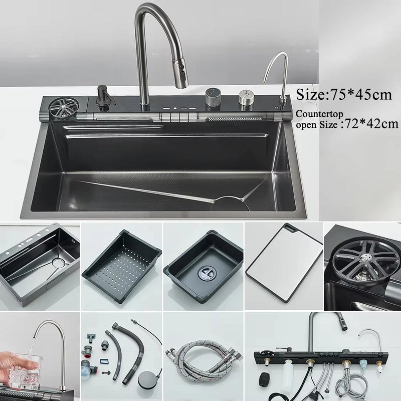 Pia de Cozinha em Aço Inox 304 – Design Waterfall, Cuba Única, Display Digital Integrado, Torneira Premium, Dispenser de Sabão e Lava-Copos