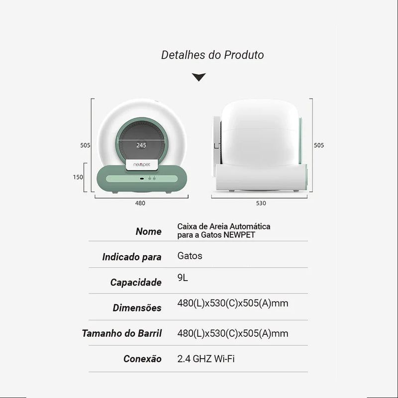 Caixa de Areia Automática Newpet 65L – Autolimpante, Silenciosa e com App para cuidar da saúde do seu gato