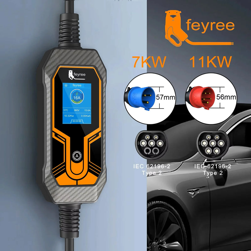 Carregador Portátil para Carro Elétrico Feyree – EVSE Type 2 | 7kW 32A Monofásico / 11kW 16A Trifásico | Alta Segurança IP65, Ajuste de Corrente, Compatível com Vários Modelos
