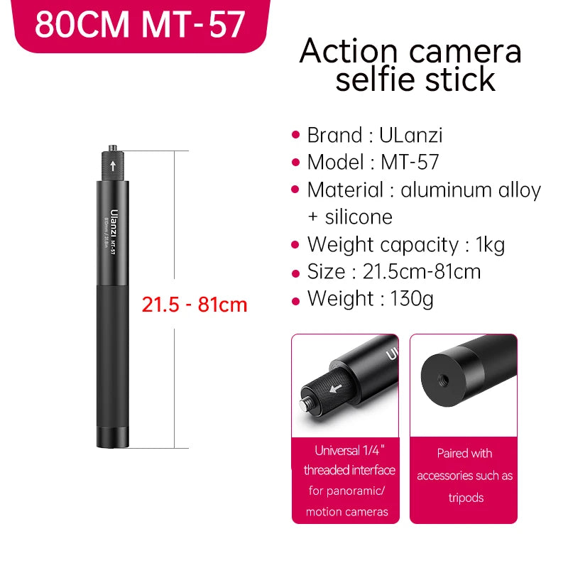 Ulanzi MT‑58 – Selfie Stick Extensível e Tripé Invisível para GoPro, Insta360 e DJI | Leve, Portátil e Versátil