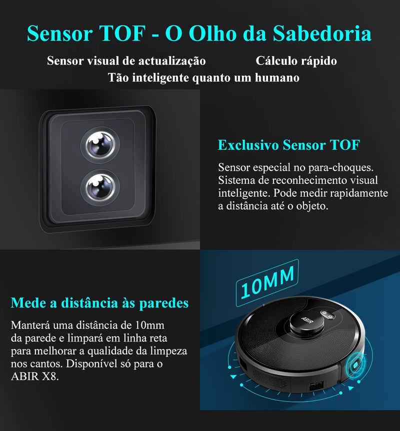 ABIR X8 — Robô Aspirador Inteligente | Navegação a Laser Lidar + TOF | 6500Pa de Potência | Mapas Multi-Andares | Mop Inteligente + UV
