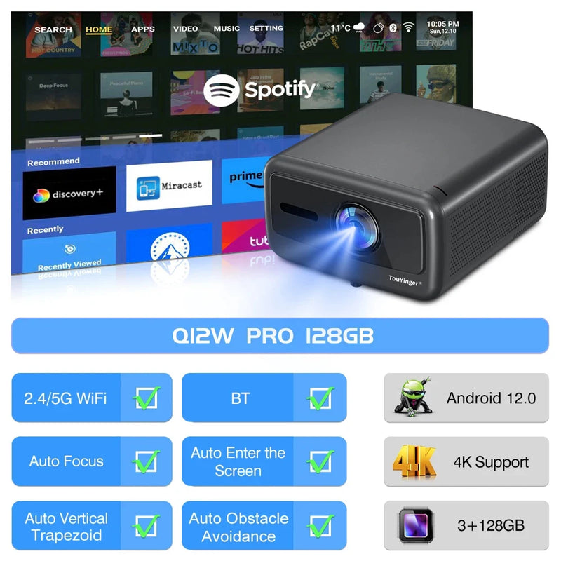 Projetor Smart TouYinger Q12W PRO – 2800 ANSI Lumens | Full HD 4K | Wi-Fi Dual Screen + Bluetooth