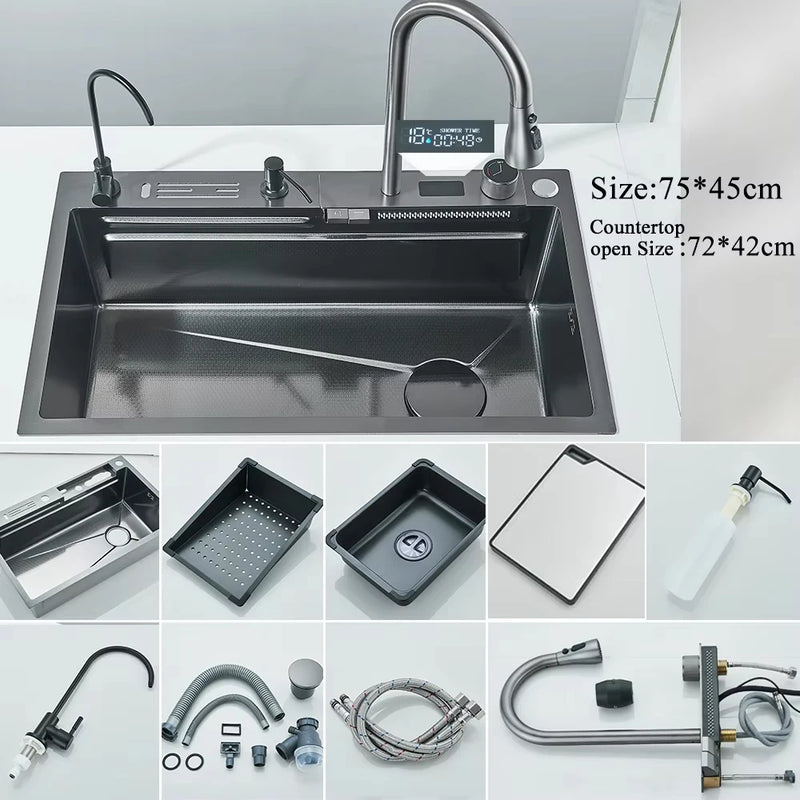 Pia de Cozinha em Aço Inox 304 – Design Waterfall, Cuba Única, Display Digital Integrado, Torneira Premium, Dispenser de Sabão e Lava-Copos