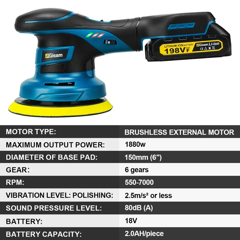 Gisam Politriz Elétrica Sem Fio 7000RPM – 6 Níveis, Motor Brushless, Compatível com Baterias Makita, Ideal para Carros e DIY